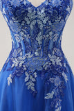 Royal Blue Uma Linha Esparguete Correias Corset Tule Vestido de Baile Com Bordado