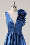 Royal Blue A Line Deep V-Neck Vestido de Baile Metálico com Detalhe Floral Ombro