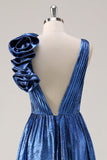 Royal Blue A Line Deep V-Neck Vestido de Baile Metálico com Detalhe Floral Ombro