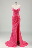 Sparkly Fuchsia Sereia Espartilho sem alças Sequins Long Prom Dress com fenda