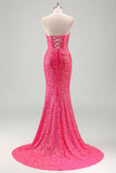 Sparkly Fuchsia Sereia Espartilho sem alças Sequins Long Prom Dress com fenda