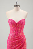 Sparkly Fuchsia Sereia Espartilho sem alças Sequins Long Prom Dress com fenda