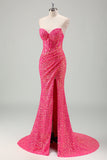 Sparkly Fuchsia Sereia Espartilho sem alças Sequins Long Prom Dress com fenda