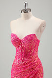 Sparkly Fuchsia Sereia Espartilho sem alças Sequins Long Prom Dress com fenda