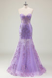 Roxo Sereia Corset Strapless Long Prom Dress com Appliques