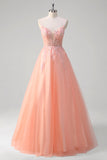 Sparkly Peach A-Line Corset Floral Tulle Long Prom Dress com frisos