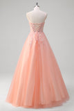 Sparkly Peach A-Line Corset Floral Tulle Long Prom Dress com frisos