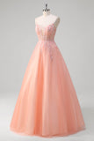 Sparkly Peach A-Line Corset Floral Tulle Long Prom Dress com frisos