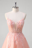 Sparkly Peach A-Line Corset Floral Tulle Long Prom Dress com frisos