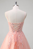 Sparkly Peach A-Line Corset Floral Tulle Long Prom Dress com frisos