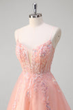 Sparkly Peach A-Line Corset Floral Tulle Long Prom Dress com frisos