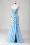 Sereia Azul Esparguete Correias Appliqued Long Prom Dress with Slit