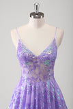 Roxo A Line Espaghetti Correias Long Printed Prom Dress Com Sequins