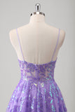 Roxo A Line Espaghetti Correias Long Printed Prom Dress Com Sequins