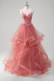 Coral A Line Espaghetti Straps Corset Tiered Long Prom Dress com Apliques