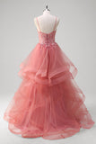 Coral A Line Espaghetti Straps Corset Tiered Long Prom Dress com Apliques