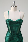 Glitter Verde Escuro Sereia Corset Ruched Vestido de Baile Metálico com Fenda