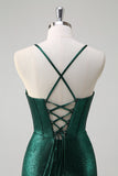 Glitter Verde Escuro Sereia Corset Ruched Vestido de Baile Metálico com Fenda