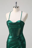 Glitter Verde Escuro Sereia Corset Ruched Vestido de Baile Metálico com Fenda