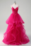 Hot Pink Appliques Corset Esparguete Correias Uma Linha Spiral Ruffles Prom Dress