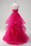 Hot Pink Appliques Corset Esparguete Correias Uma Linha Spiral Ruffles Prom Dress