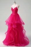 Hot Pink Appliques Corset Esparguete Correias Uma Linha Spiral Ruffles Prom Dress