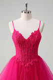 Hot Pink Appliques Corset Esparguete Correias Uma Linha Spiral Ruffles Prom Dress