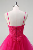 Hot Pink Appliques Corset Esparguete Correias Uma Linha Spiral Ruffles Prom Dress