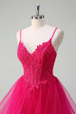 Hot Pink Appliques Corset Esparguete Correias Uma Linha Spiral Ruffles Prom Dress