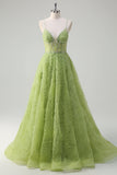 Lantejoulas brilhantes Princesa Verde Esparguete Correias Ruched Long Prom Dress