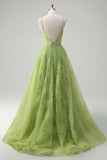 Lantejoulas brilhantes Princesa Verde Esparguete Correias Ruched Long Prom Dress