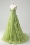 Lantejoulas brilhantes Princesa Verde Esparguete Correias Ruched Long Prom Dress