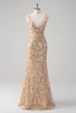 Champagne Sereia V-Neck Sequined Long Prom Dress