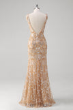 Champagne Sereia V-Neck Sequined Long Prom Dress