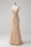 Champagne Sereia V-Neck Sequined Long Prom Dress