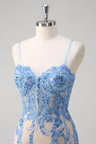 Sereia Azul Corset Esparguete Correias Longo Vestido de Baile Com Lantejoulas