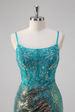 Pavão Verde Sereia Esparguete Correias Corset Sequined Prom Dress