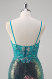 Pavão Verde Sereia Esparguete Correias Corset Sequined Prom Dress