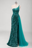 Pavão Sereia Verde Um Ombro Corset Sequins Long Prom Dress com Fenda