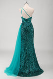 Pavão Sereia Verde Um Ombro Corset Sequins Long Prom Dress com Fenda