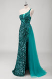 Pavão Sereia Verde Um Ombro Corset Sequins Long Prom Dress com Fenda