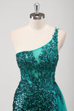 Pavão Sereia Verde Um Ombro Corset Sequins Long Prom Dress com Fenda