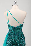 Pavão Sereia Verde Um Ombro Corset Sequins Long Prom Dress com Fenda