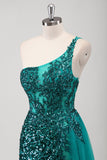 Pavão Sereia Verde Um Ombro Corset Sequins Long Prom Dress com Fenda