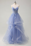 Dusty Blue A Line Espaghetti Straps Corset Spiral Ruffles Long Prom Dress