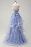 Dusty Blue A Line Espaghetti Straps Corset Spiral Ruffles Long Prom Dress