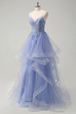 Dusty Blue A Line Espaghetti Straps Corset Spiral Ruffles Long Prom Dress