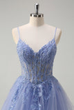 Dusty Blue A Line Espaghetti Straps Corset Spiral Ruffles Long Prom Dress