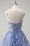 Dusty Blue A Line Espaghetti Straps Corset Spiral Ruffles Long Prom Dress