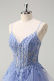 Dusty Blue A Line Espaghetti Straps Corset Spiral Ruffles Long Prom Dress